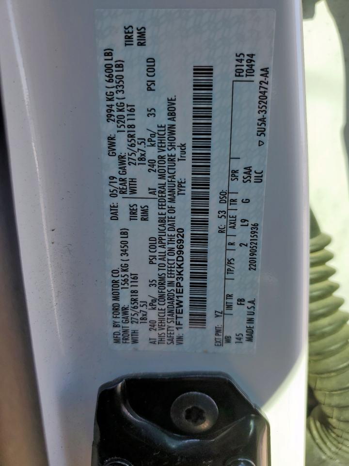 2019 Ford F150 Supercrew VIN: 1FTEW1EP3KKD96920 Lot: 86285045