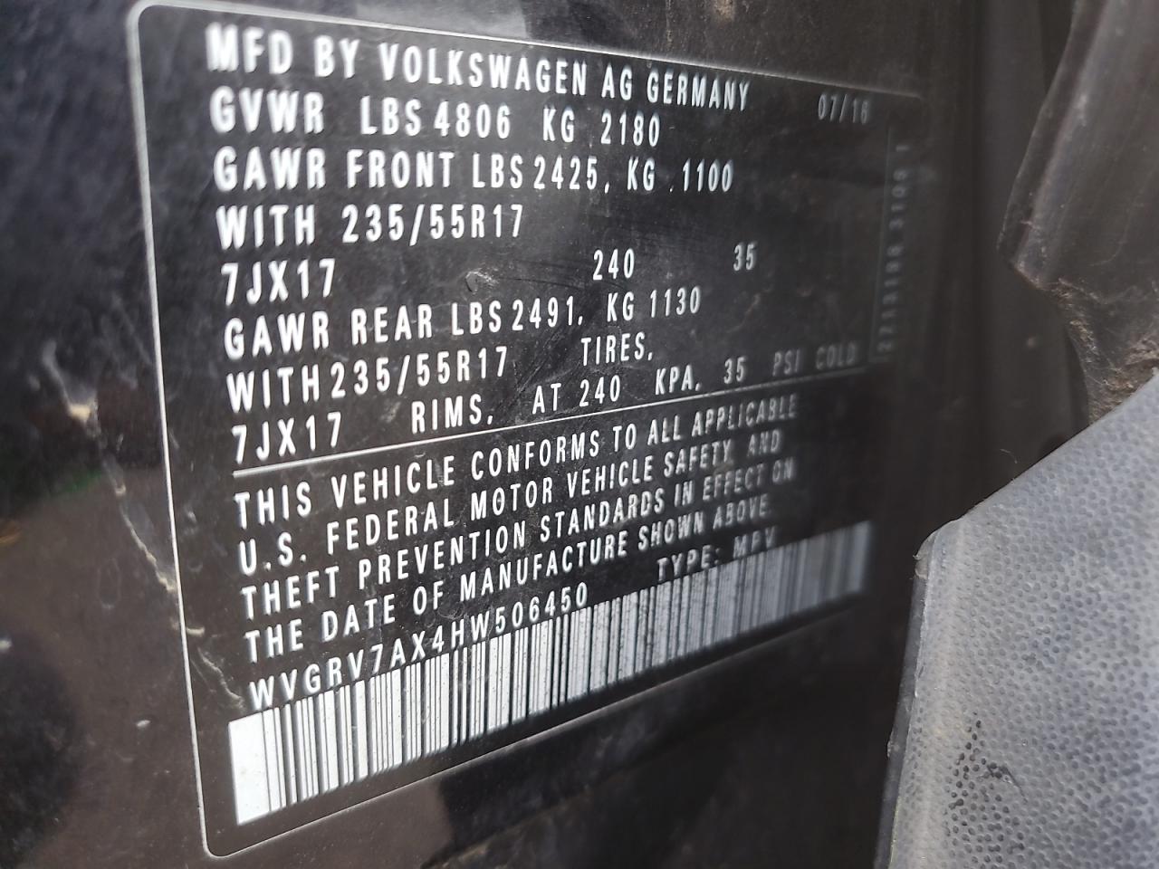 2017 Volkswagen Tiguan Wolfsburg VIN: WVGRV7AX4HW506450 Lot: 87224195