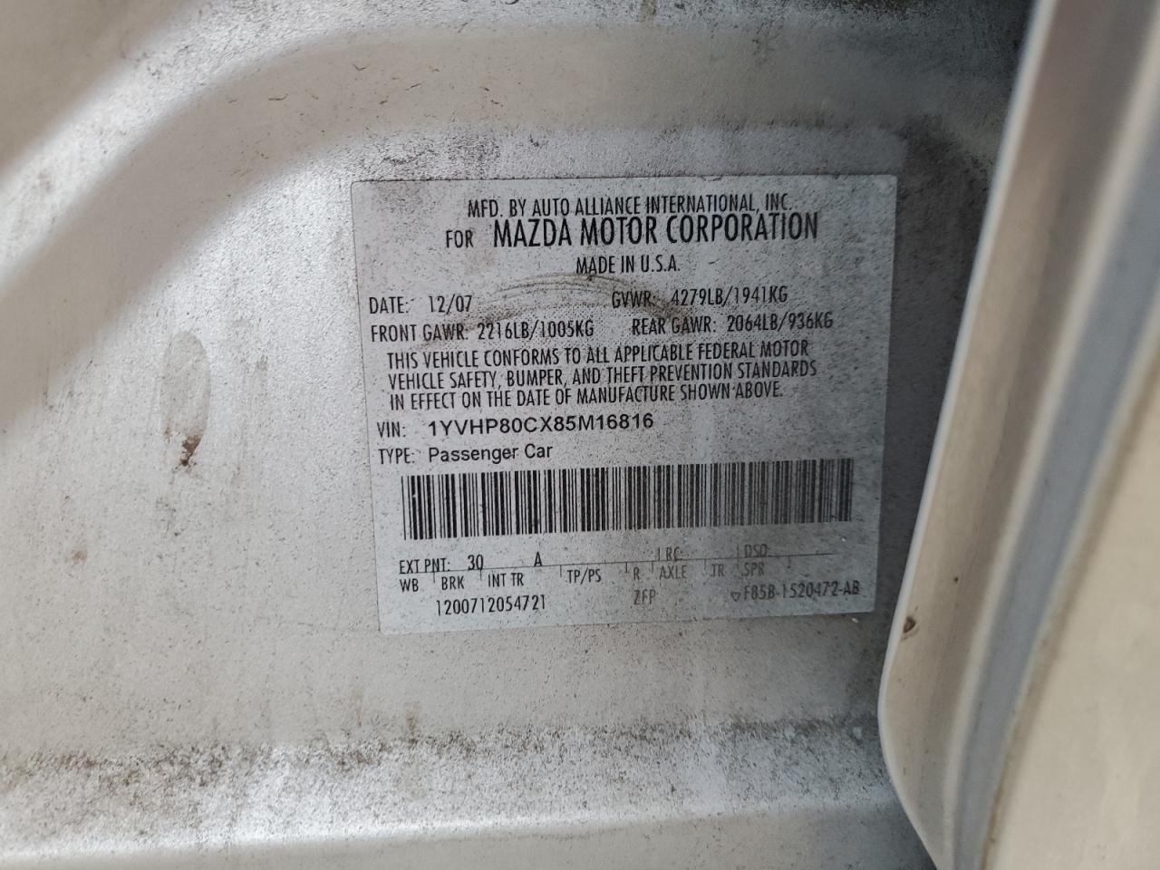 2008 Mazda 6 I VIN: 1YVHP80CX85M16816 Lot: 89507465
