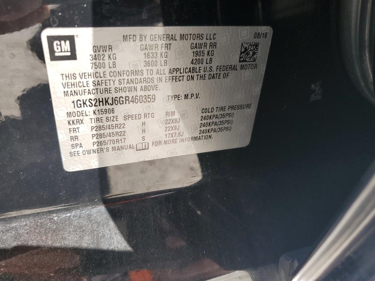 2016 GMC Yukon Xl Denali VIN: 1GKS2HKJ6GR460359 Lot: 89739155