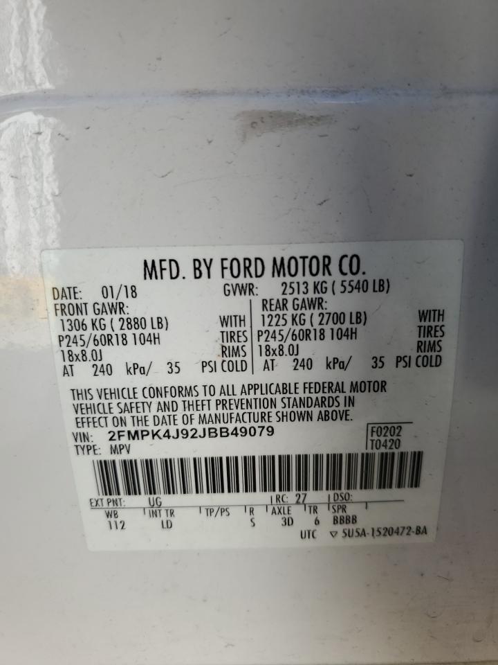 2018 Ford Edge Sel VIN: 2FMPK4J92JBB49079 Lot: 89671395