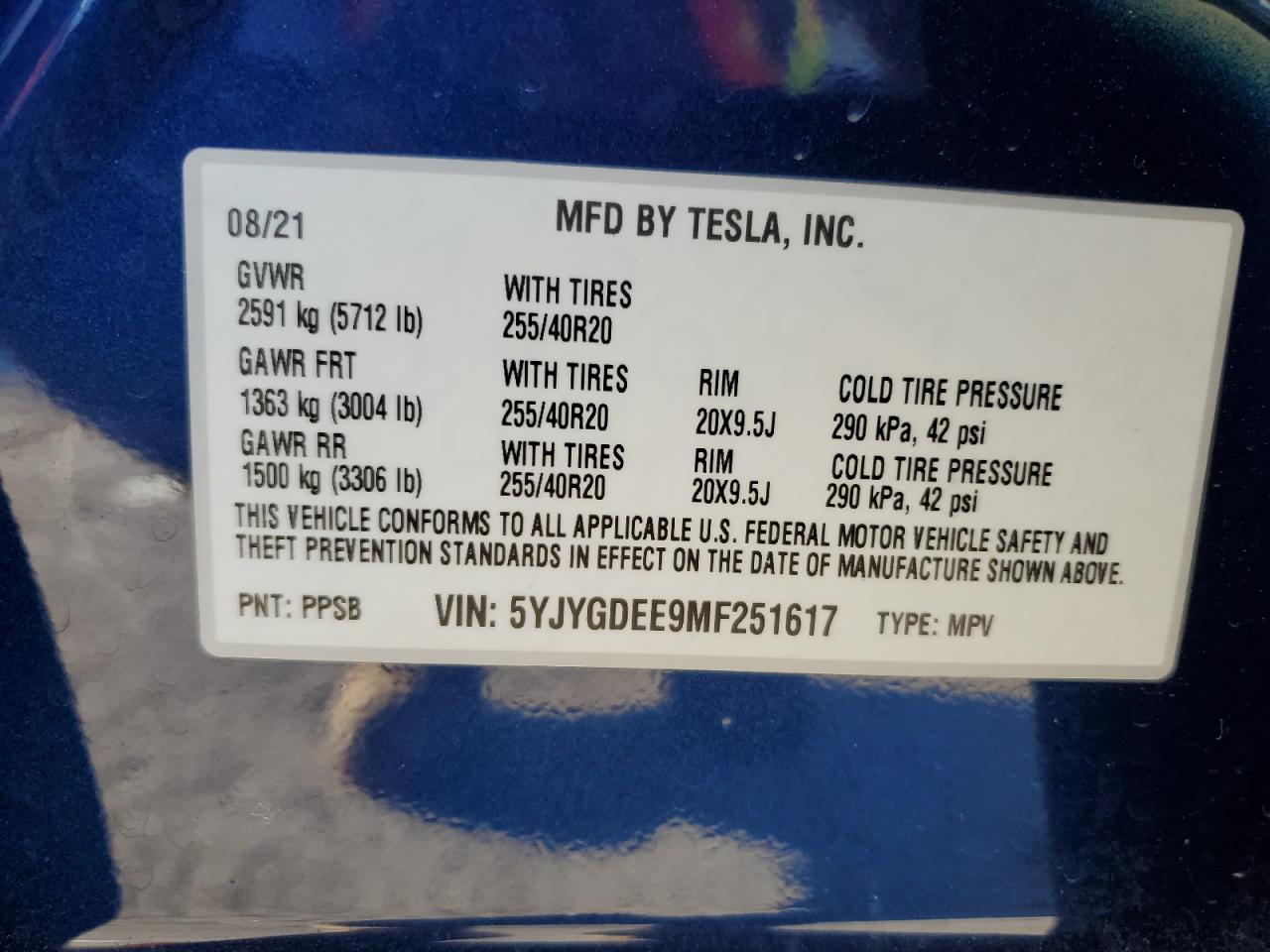 2021 Tesla Model Y VIN: 5YJYGDEE9MF251617 Lot: 86476225