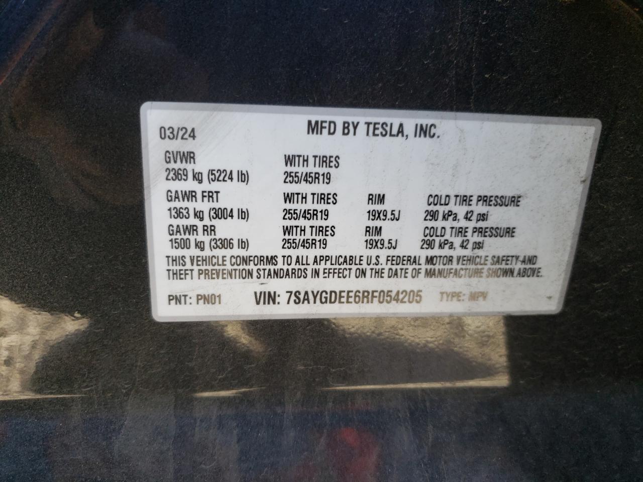 2024 Tesla Model Y VIN: 7SAYGDEE6RF054205 Lot: 85551495