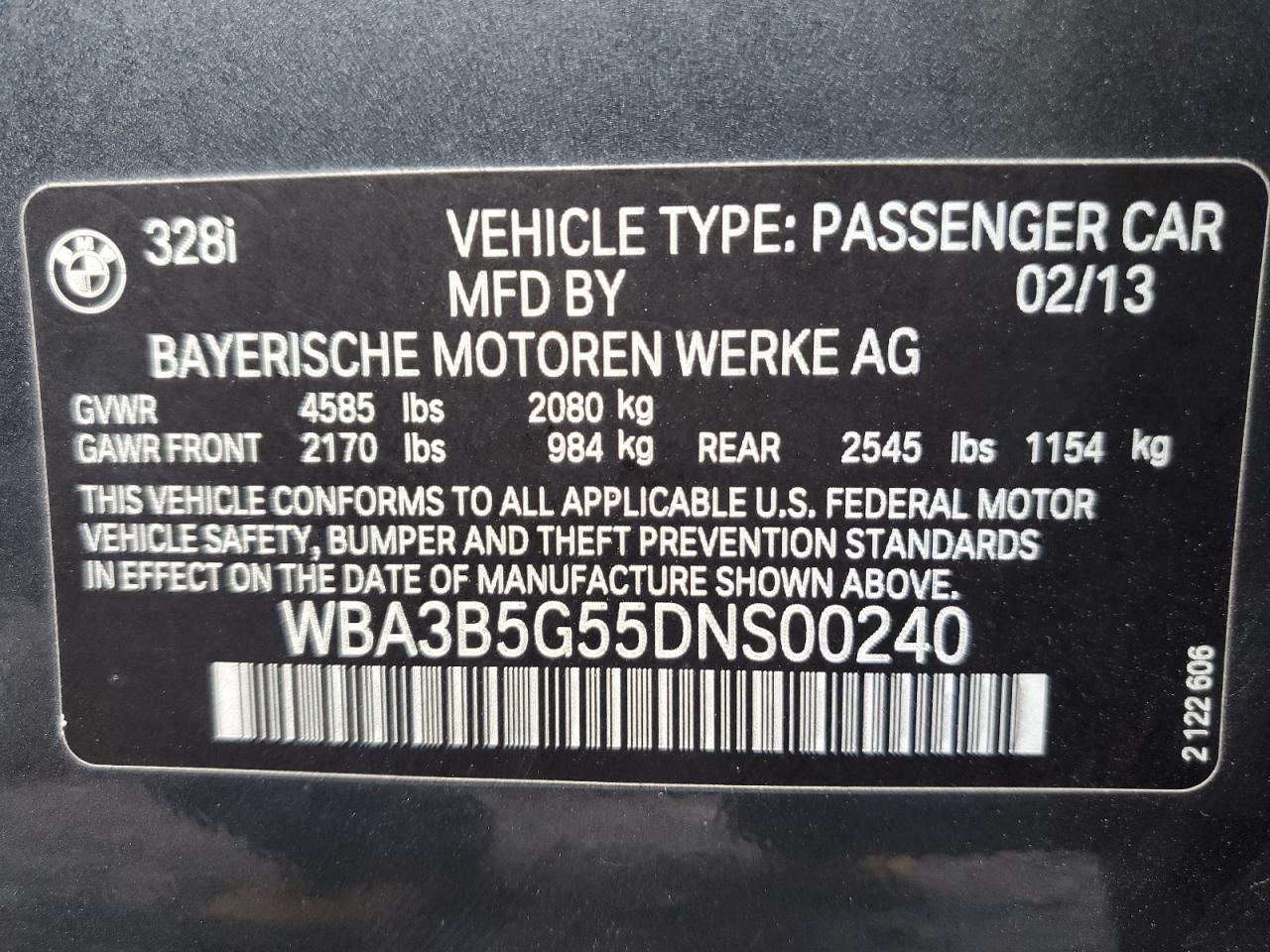 2013 BMW 328 Xi Sulev VIN: WBA3B5G55DNS00240 Lot: 86059605