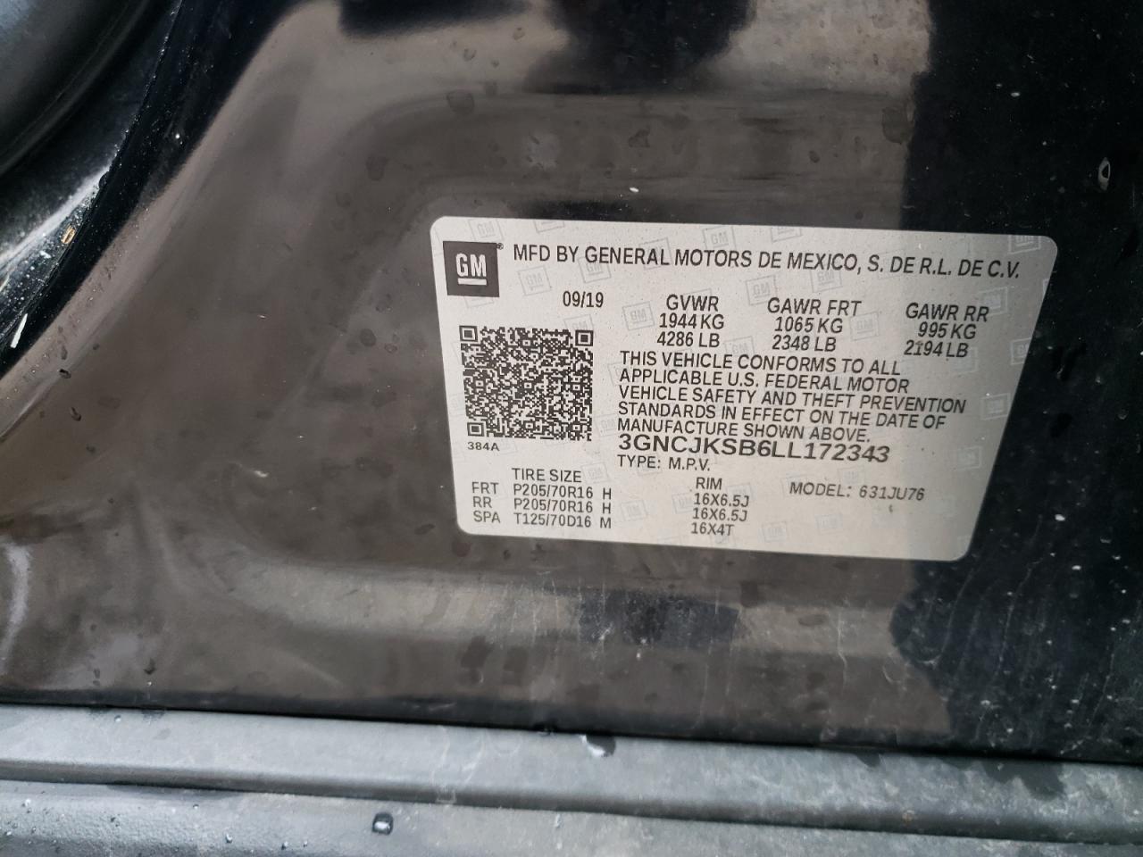 2020 Chevrolet Trax Ls VIN: 3GNCJKSB6LL172343 Lot: 85752185