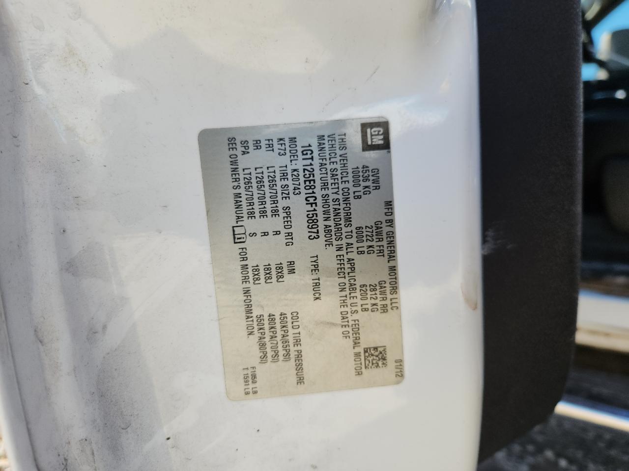 2012 GMC Sierra K2500 Denali VIN: 1GT125E81CF158973 Lot: 85135795