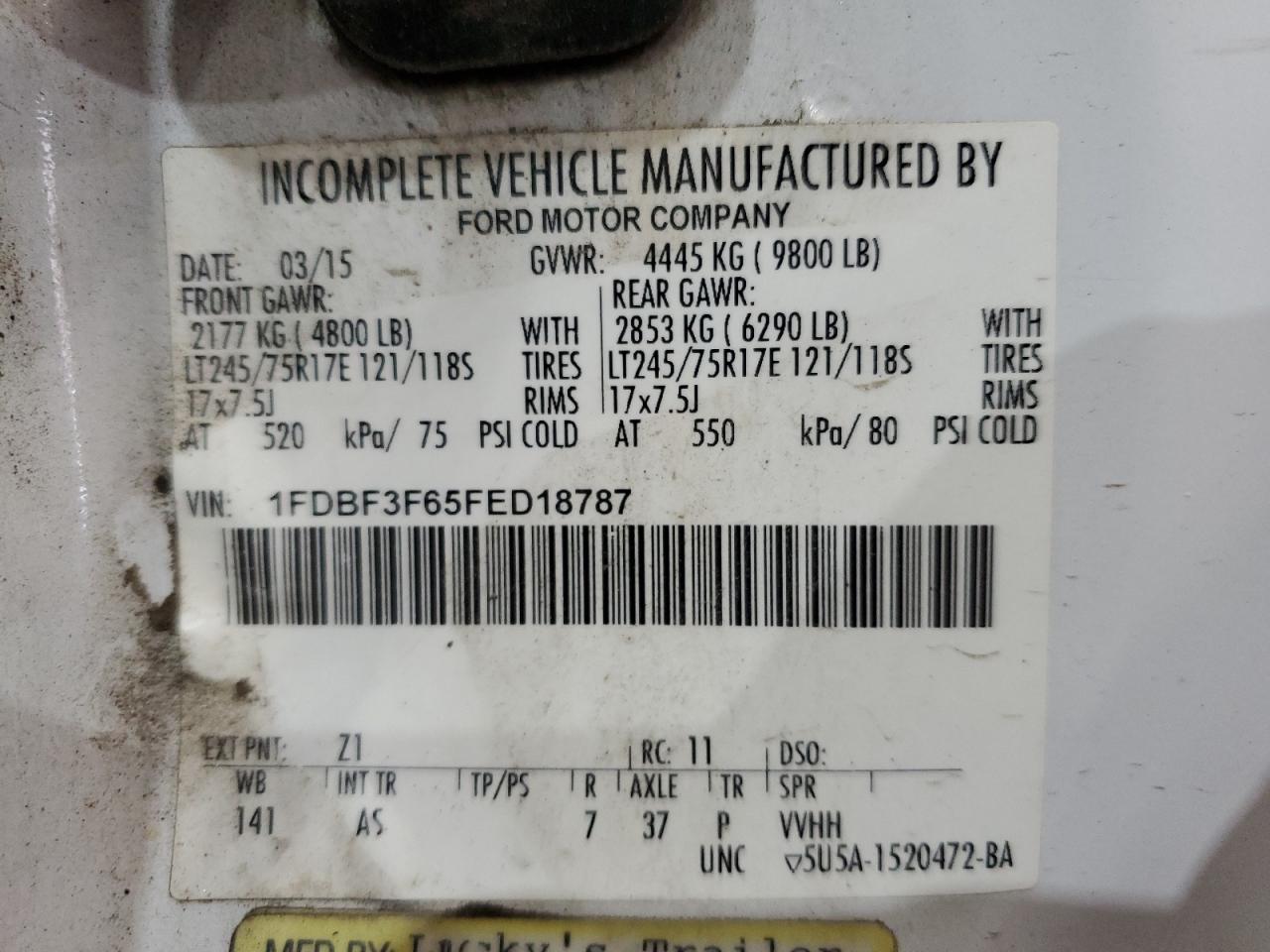 2015 Ford F350 Super Duty VIN: 1FDBF3F65FED18787 Lot: 90902255