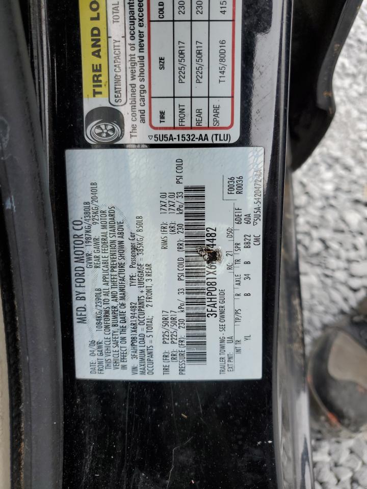 2006 Ford Fusion Sel VIN: 3FAHP081X6R194482 Lot: 82220775