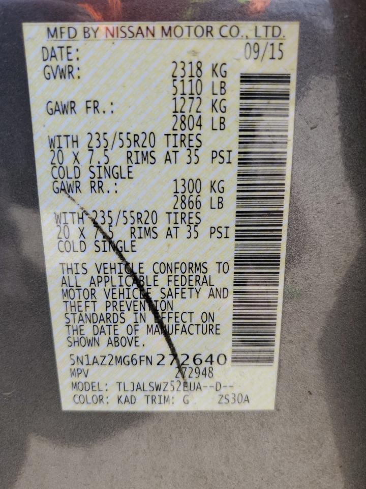 2015 Nissan Murano S VIN: 5N1AZ2MG6FN272640 Lot: 86301315