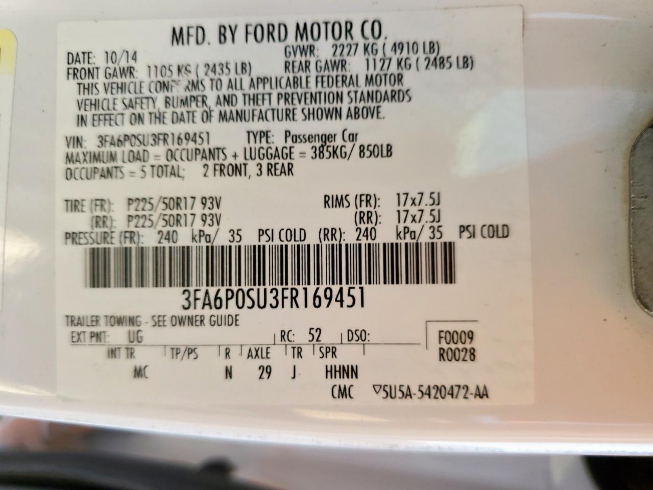2015 Ford Fusion Titanium Phev VIN: 3FA6P0SU3FR169451 Lot: 86064405