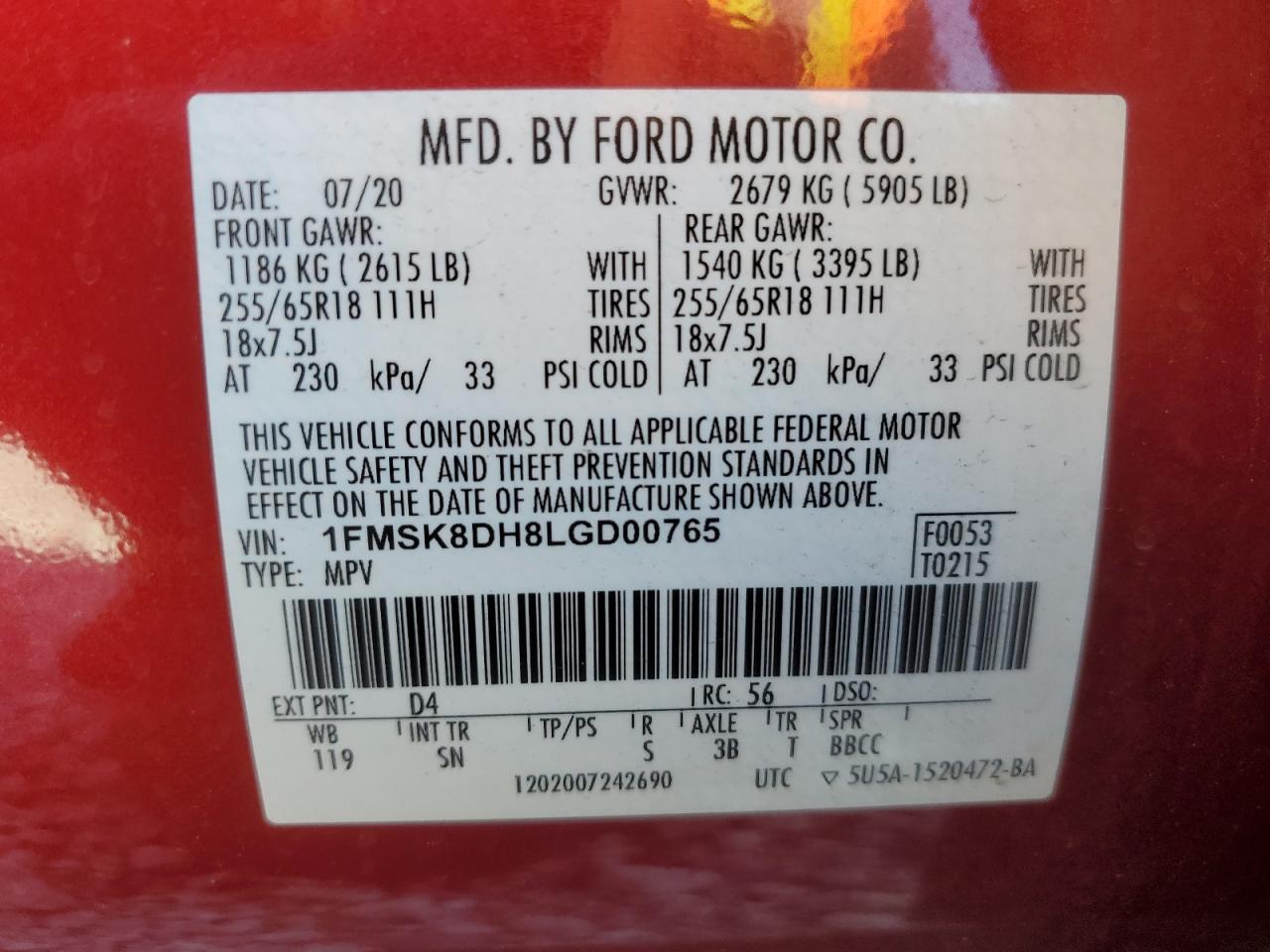 2020 Ford Explorer Xlt VIN: 1FMSK8DH8LGD00765 Lot: 84160285