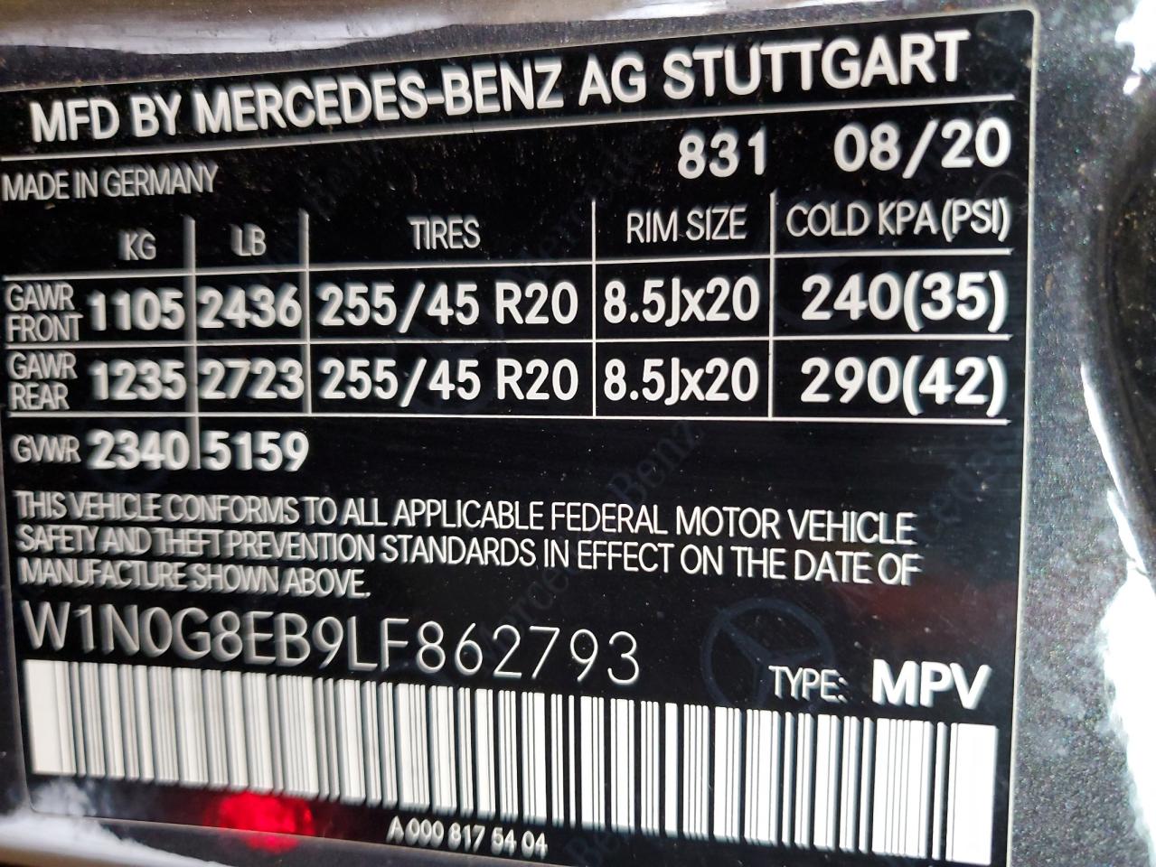 2020 Mercedes-Benz Glc 300 4Matic VIN: W1N0G8EB9LF862793 Lot: 85591465