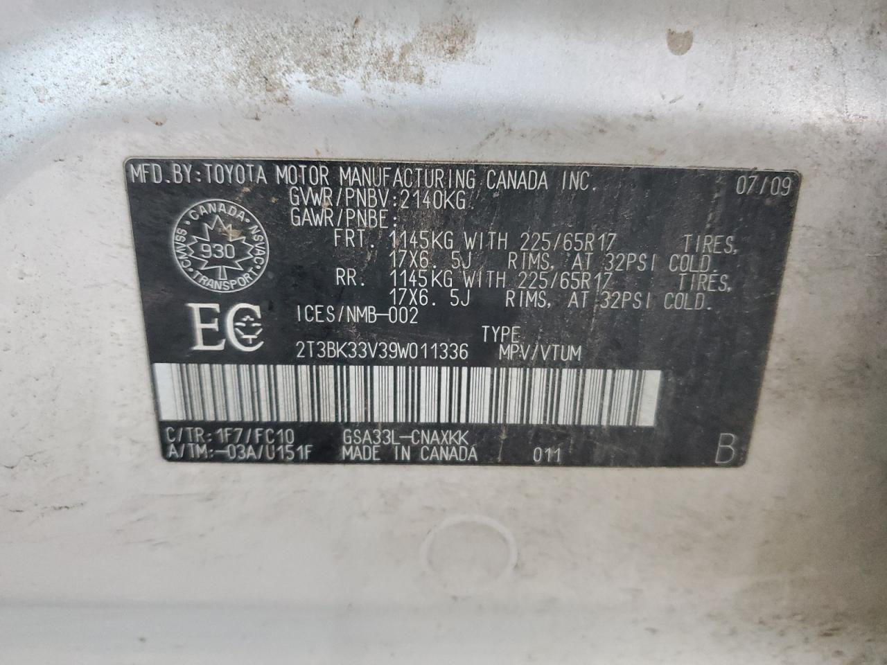 2009 Toyota Rav4 VIN: 2T3BK33V39W011336 Lot: 89693365