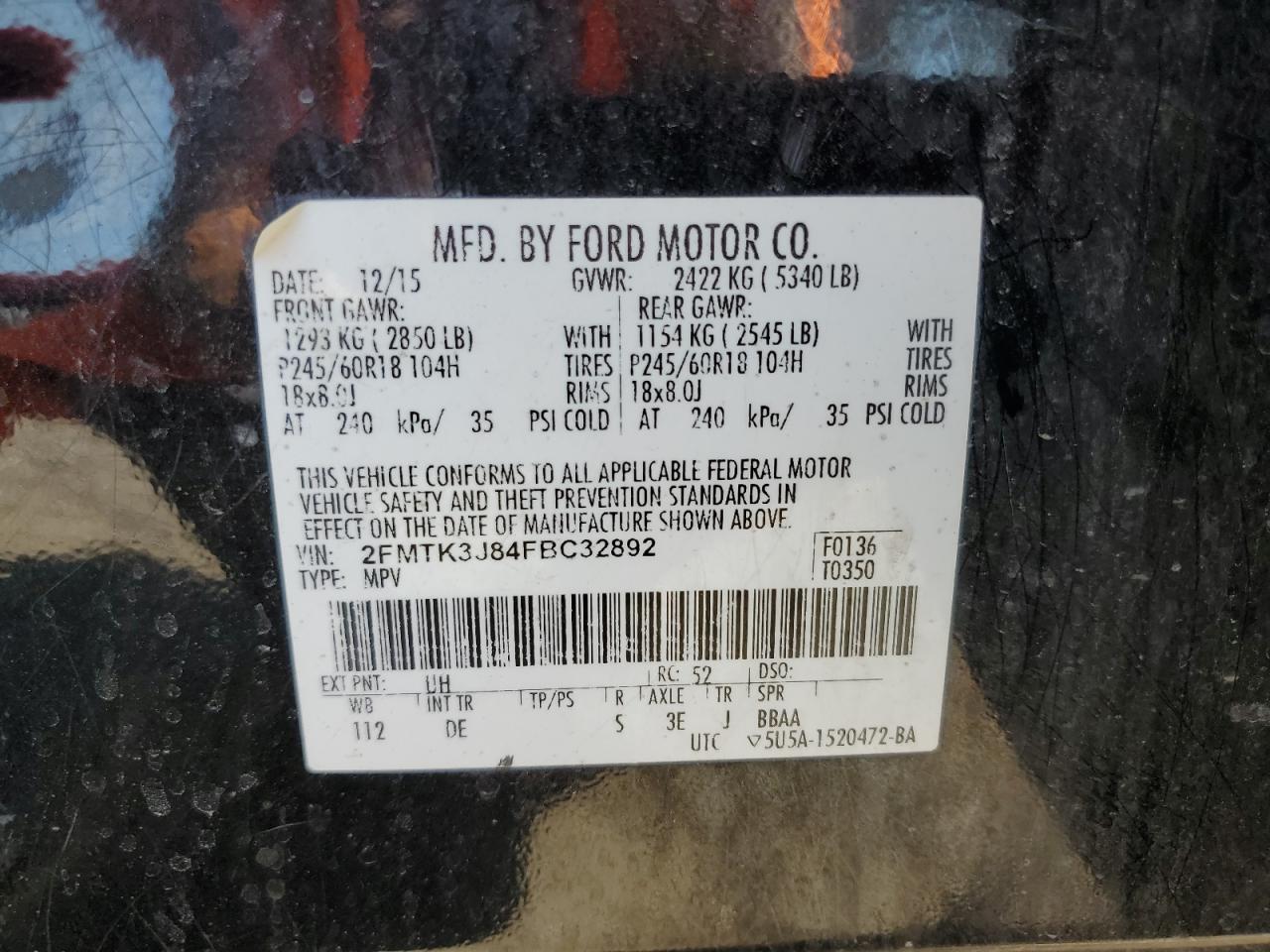 2015 Ford Edge Sel VIN: 2FMTK3J84FBC32892 Lot: 90143605