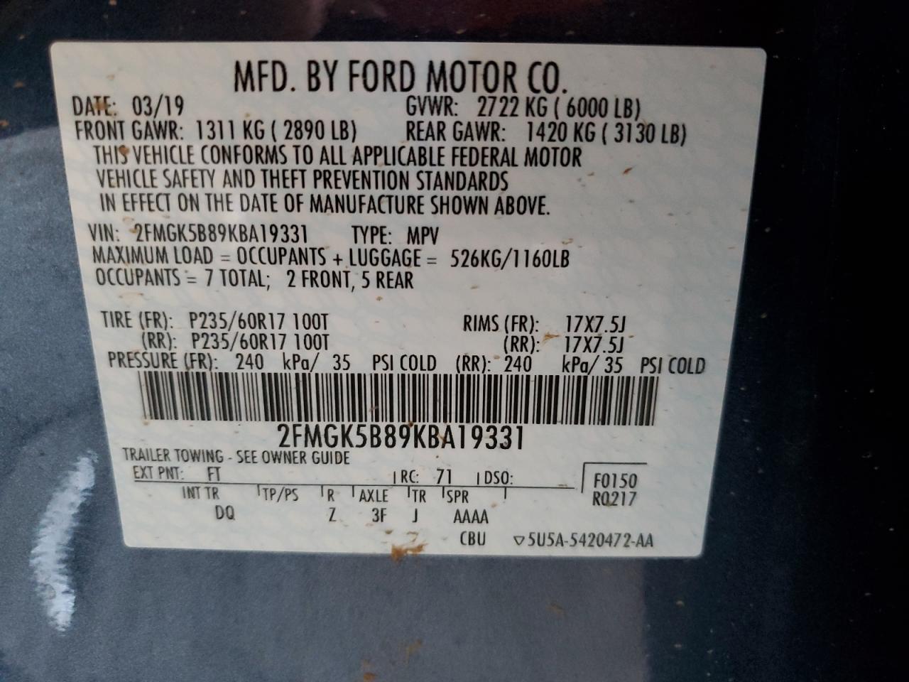 2019 Ford Flex Se VIN: 2FMGK5B89KBA19331 Lot: 90242765