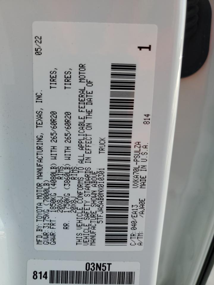2022 Toyota Tundra Crewmax Limited VIN: 5TFJA5AB0NX010301 Lot: 80549285