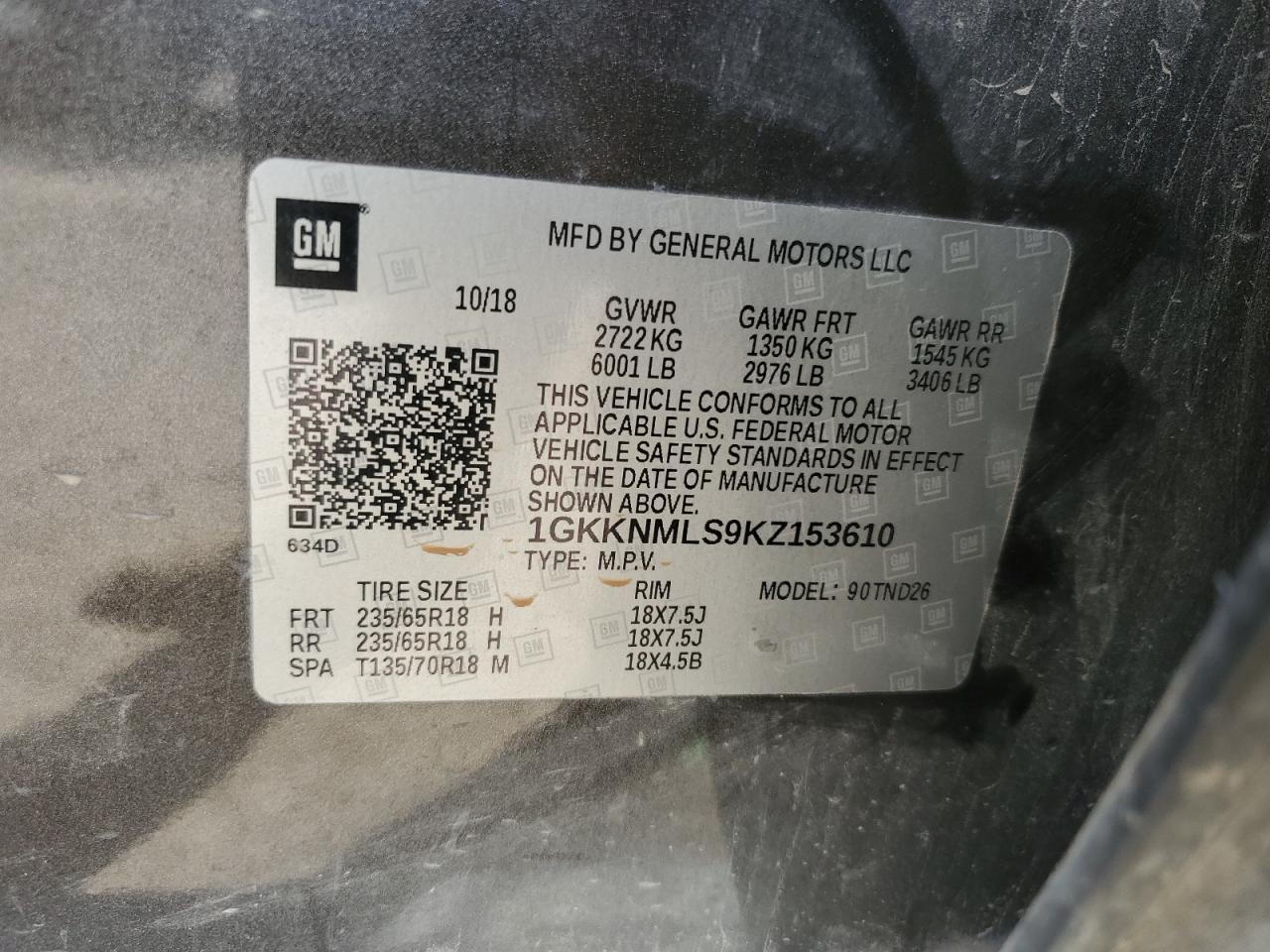 2019 GMC Acadia Slt-1 VIN: 1GKKNMLS9KZ153610 Lot: 87058005