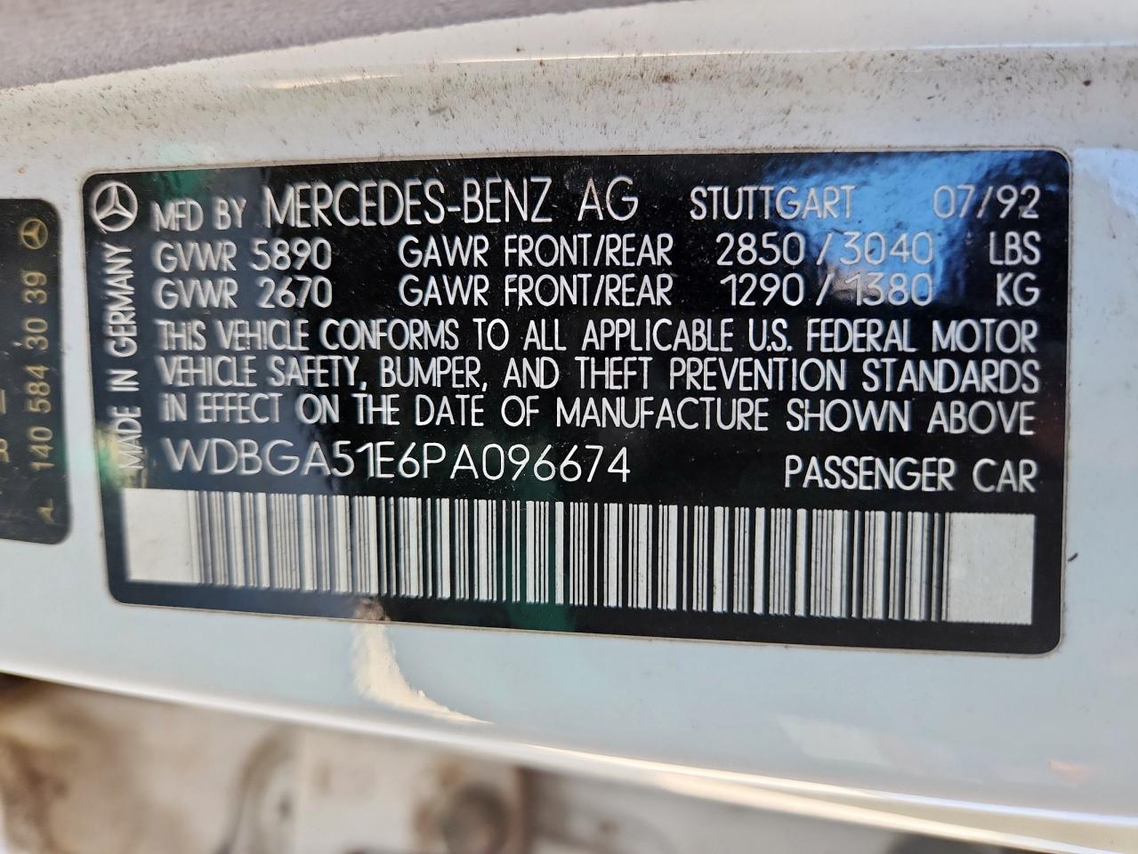 1993 Mercedes-Benz 500 Sel VIN: WDBGA51E6PA096674 Lot: 82454065