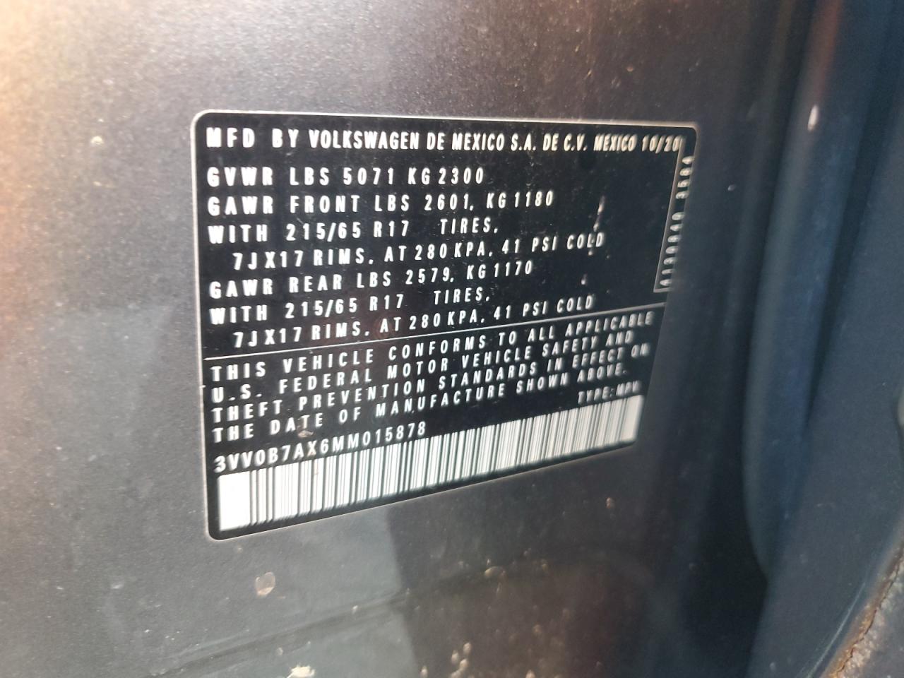 2021 Volkswagen Tiguan S VIN: 3VV0B7AX6MM015878 Lot: 82304095