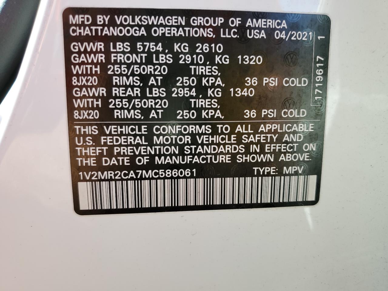 2021 Volkswagen Atlas Se VIN: 1V2MR2CA7MC586061 Lot: 86263585