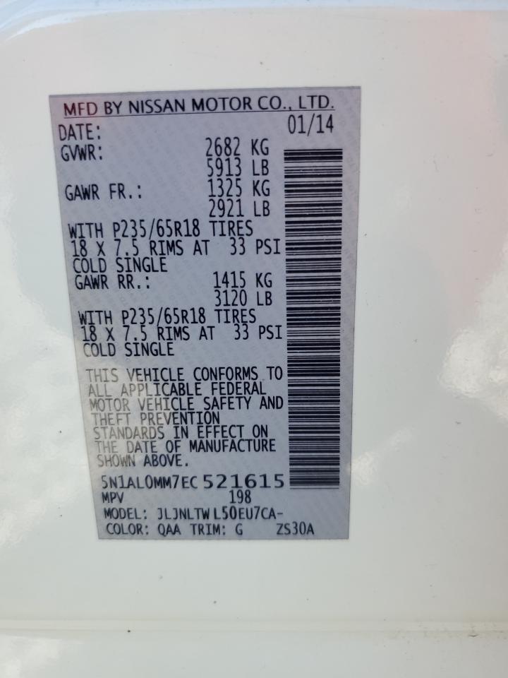 2014 Infiniti Qx60 VIN: 5N1AL0MM7EC521615 Lot: 91016675