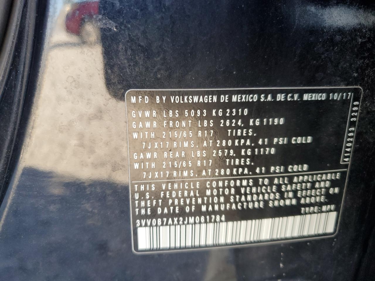 2018 Volkswagen Tiguan S VIN: 3VV0B7AX2JM061784 Lot: 84416415