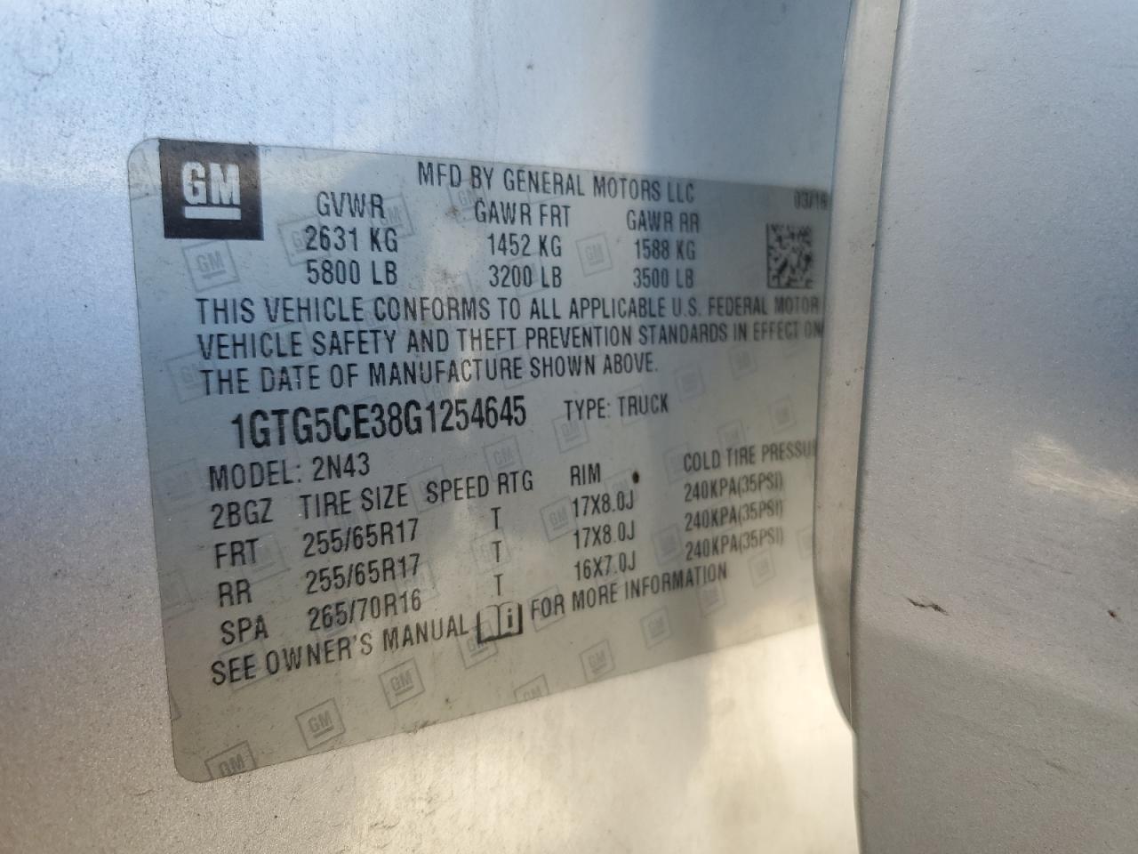 2016 GMC Canyon Sle VIN: 1GTG5CE38G1254645 Lot: 86639415