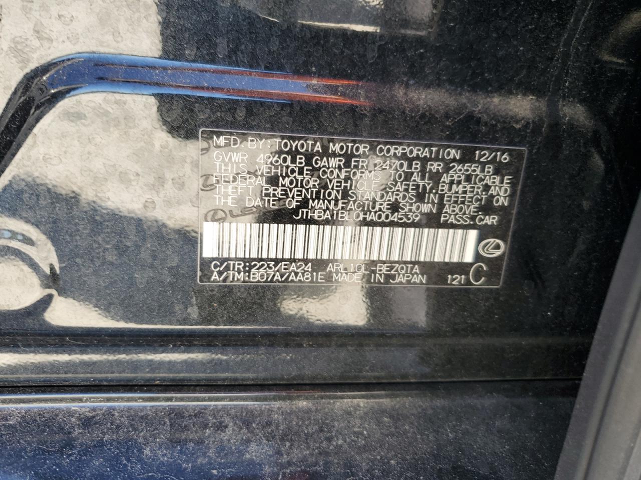 2017 Lexus Gs 200T Base VIN: JTHBA1BL0HA004539 Lot: 87120575