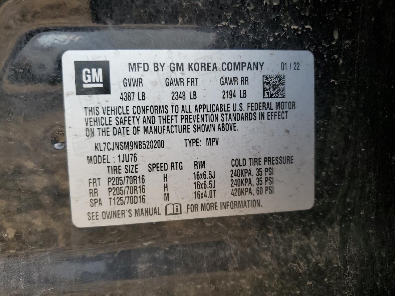 2022 Chevrolet Trax Ls VIN: KL7CJNSM9NB520200 Lot: 90346395