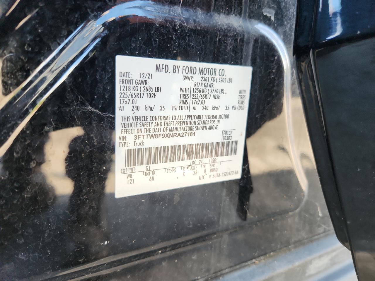 2022 Ford Maverick Xl VIN: 3FTTW8F9XNRA27181 Lot: 84916295