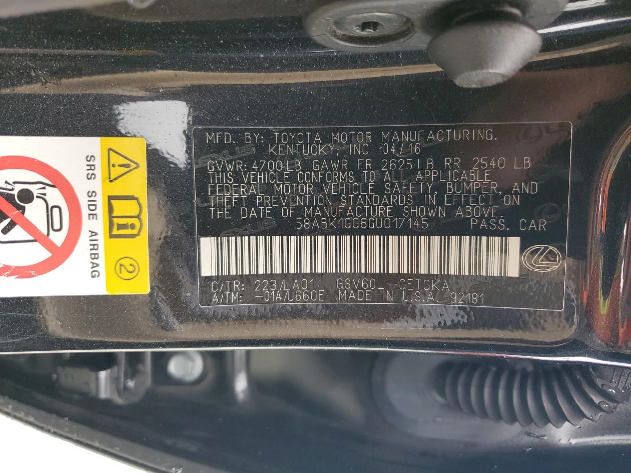 2016 Lexus Es 350 VIN: 58ABK1GG6GU017145 Lot: 85307015