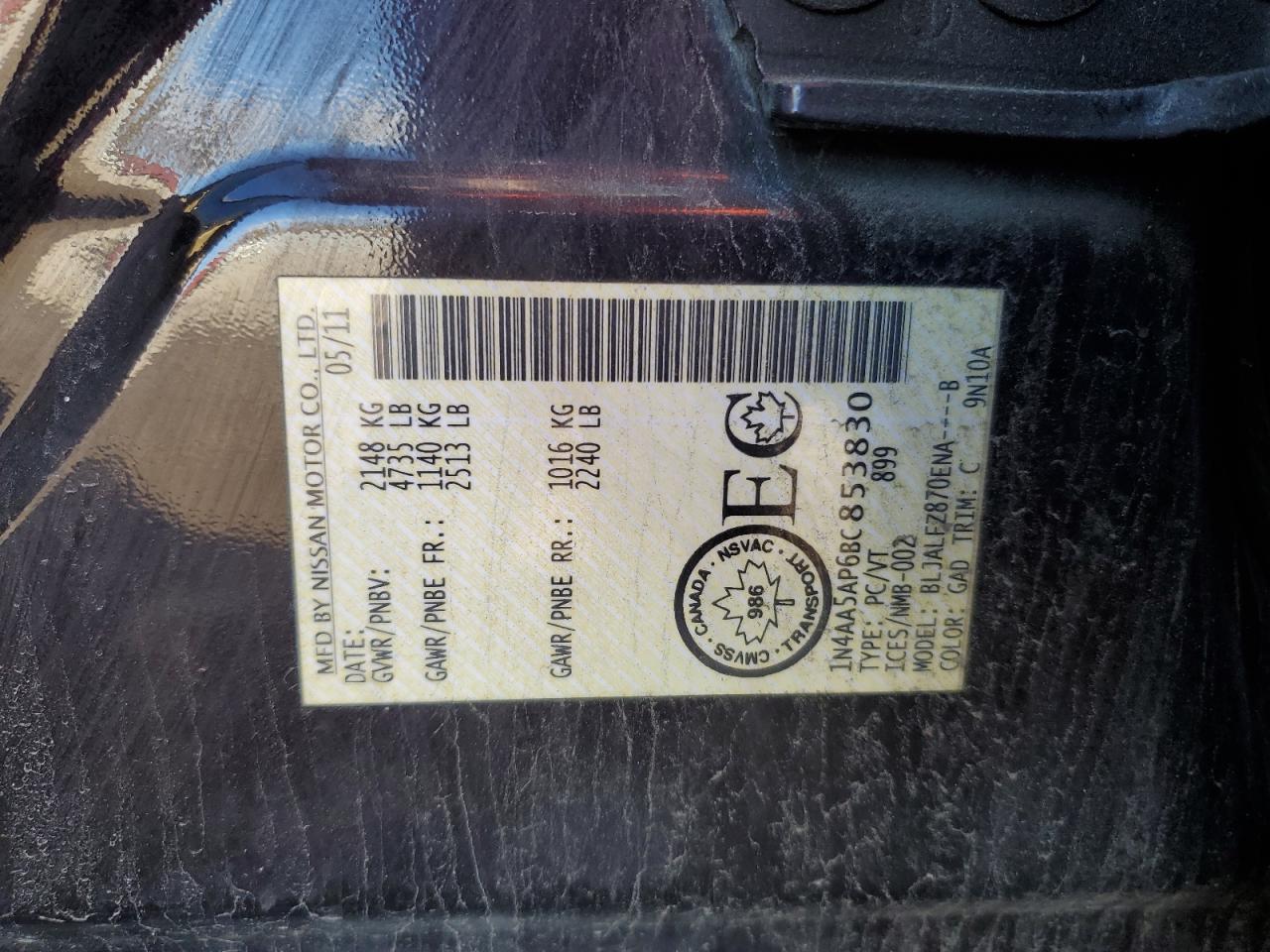 2011 Nissan Maxima S VIN: 1N4AA5AP6BC853830 Lot: 84221655