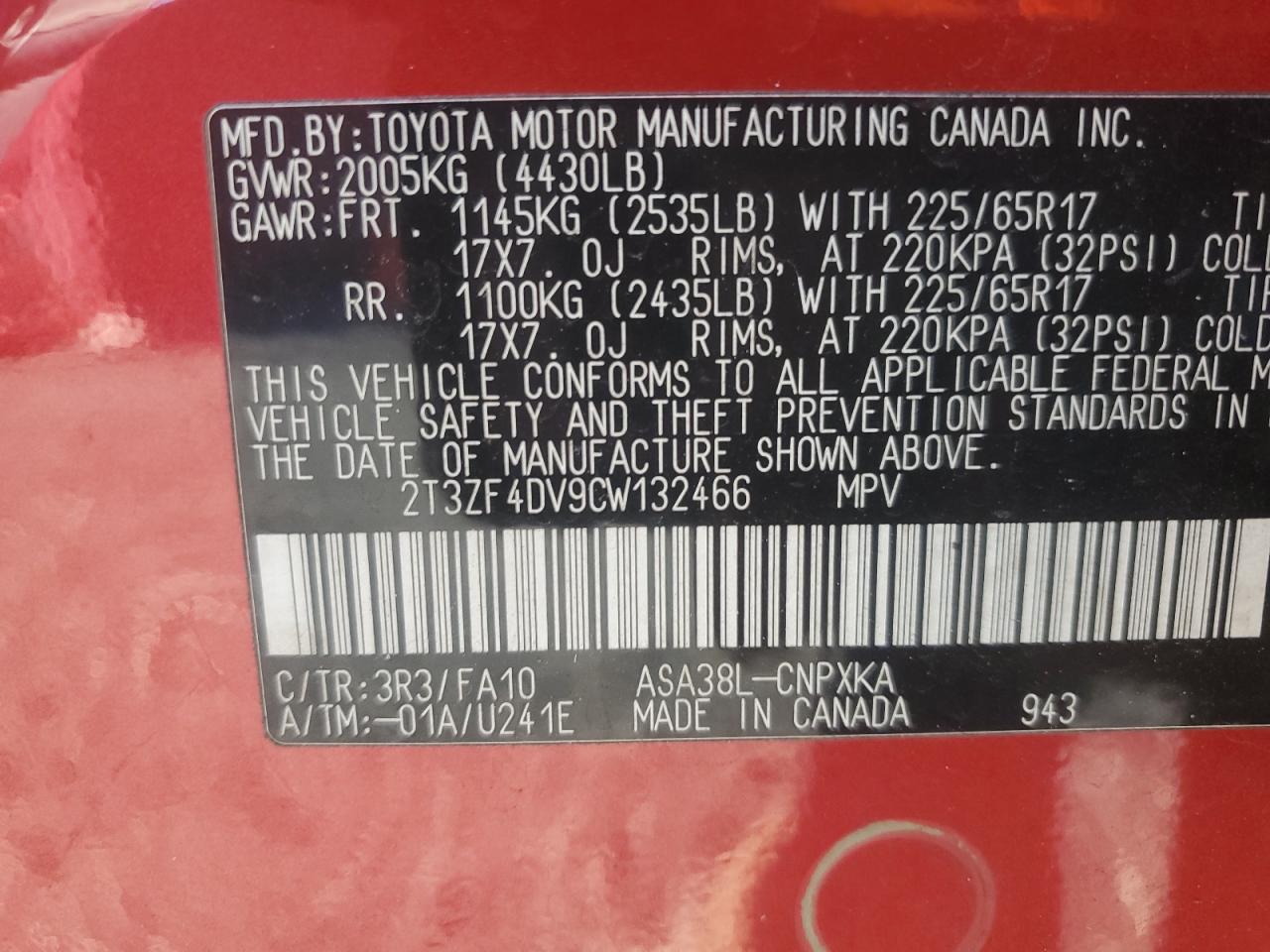 2012 Toyota Rav4 VIN: 2T3ZF4DV9CW132466 Lot: 86340955