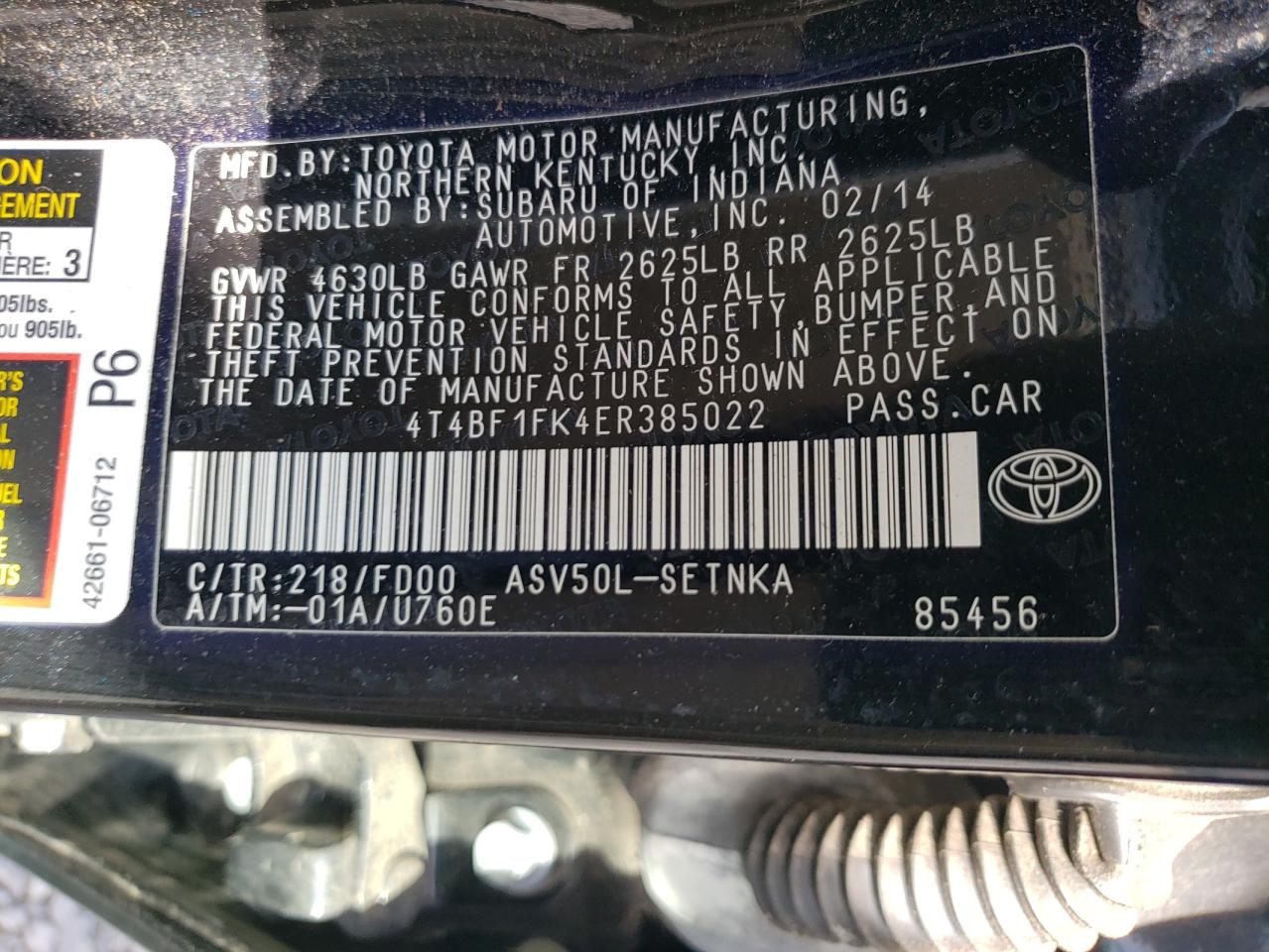 2014 Toyota Camry L VIN: 4T4BF1FK4ER385022 Lot: 84950685