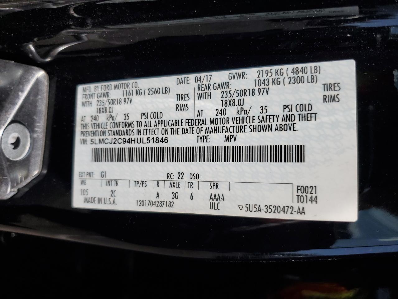 2017 Lincoln Mkc Select VIN: 5LMCJ2C94HUL51846 Lot: 85356435