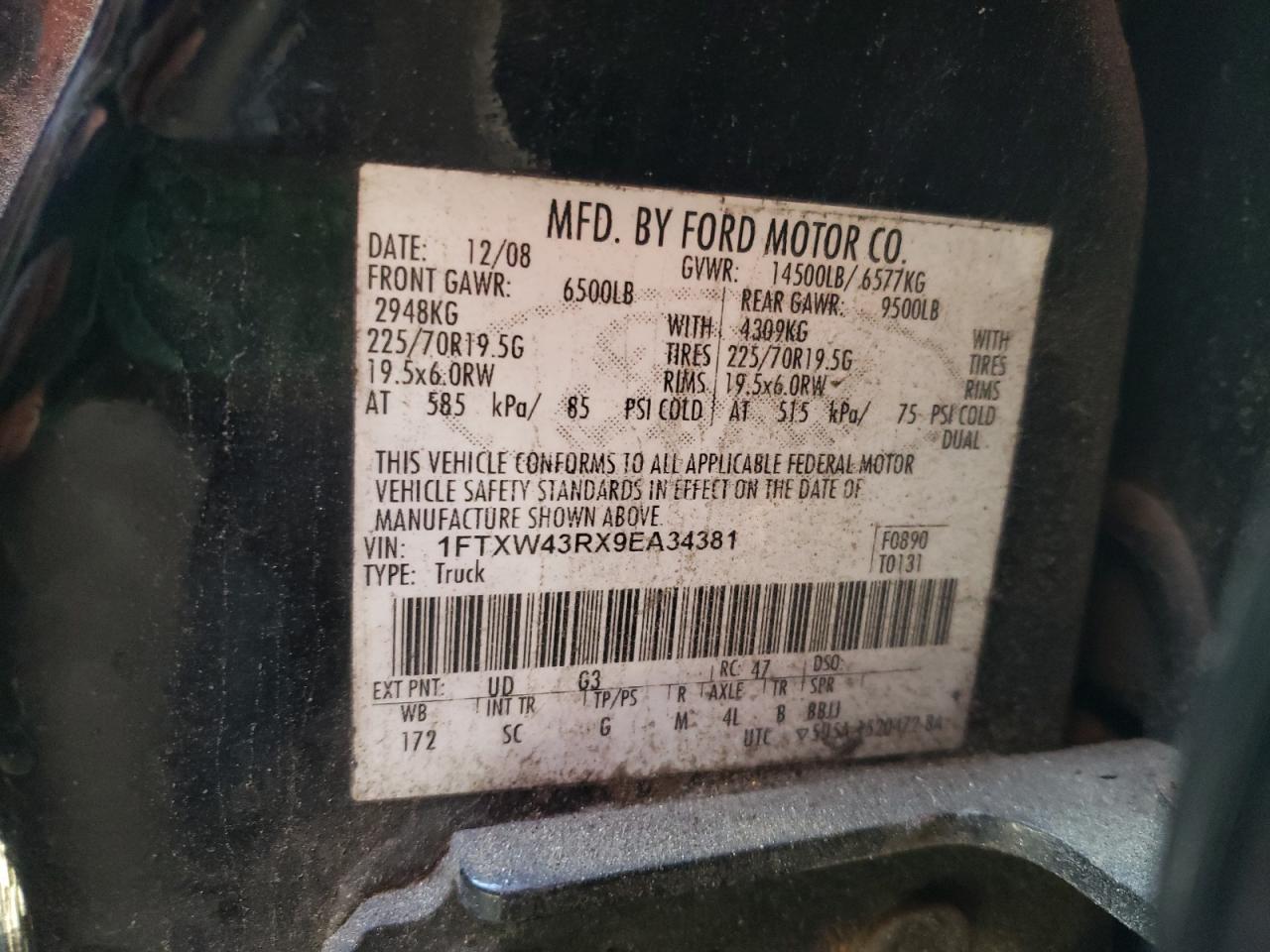 2009 Ford F450 Super Duty VIN: 1FTXW43RX9EA34381 Lot: 82114725