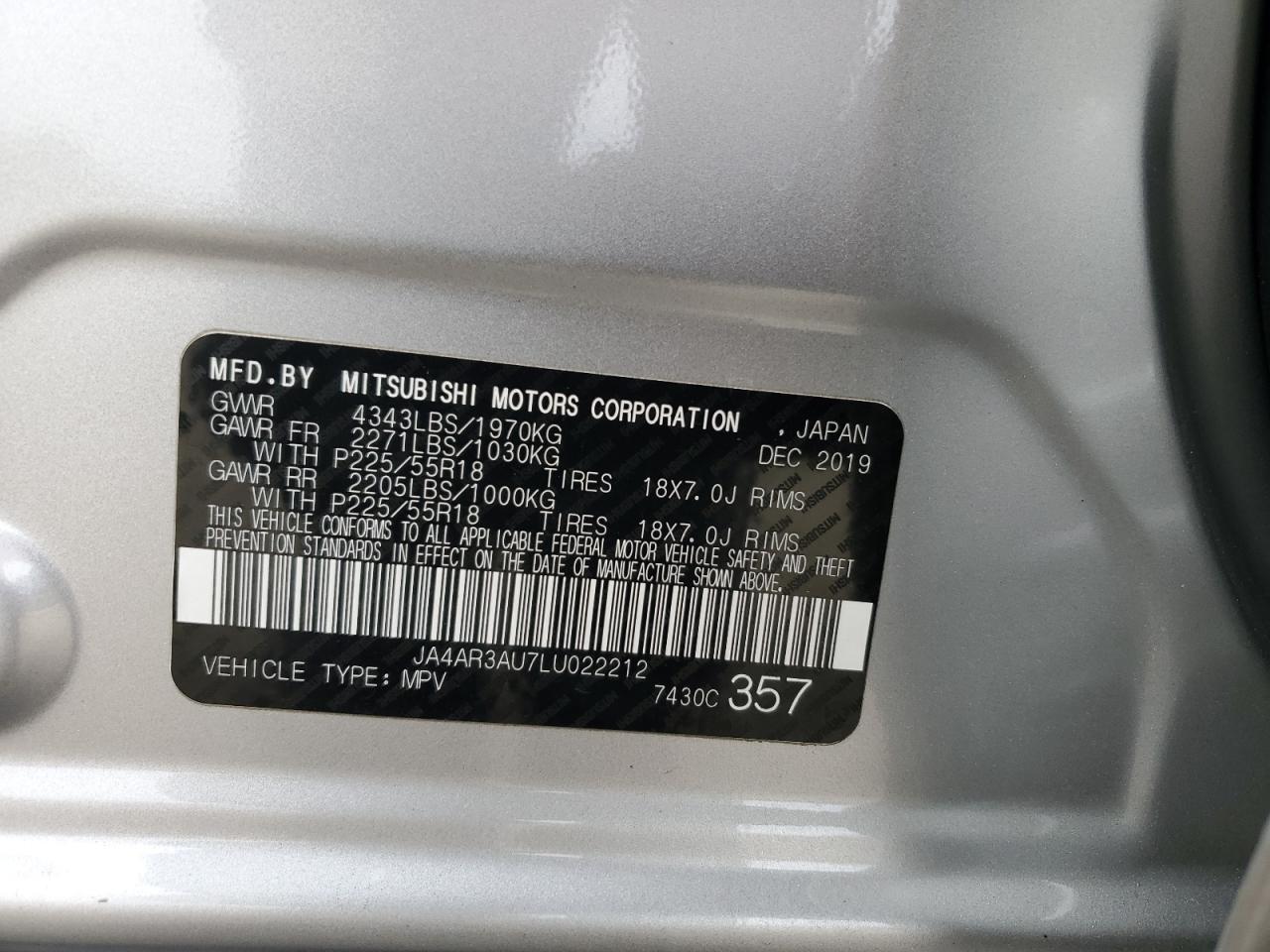 2020 Mitsubishi Outlander Sport Es VIN: JA4AR3AU7LU022212 Lot: 90657165