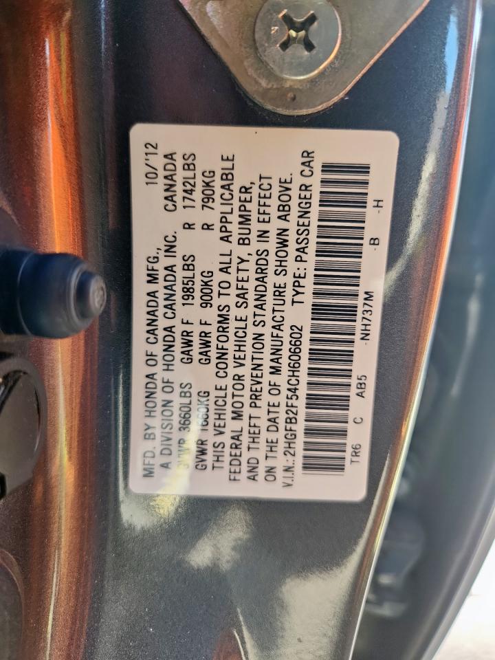2012 Honda Civic Lx VIN: 2HGFB2F54CH606602 Lot: 86441615