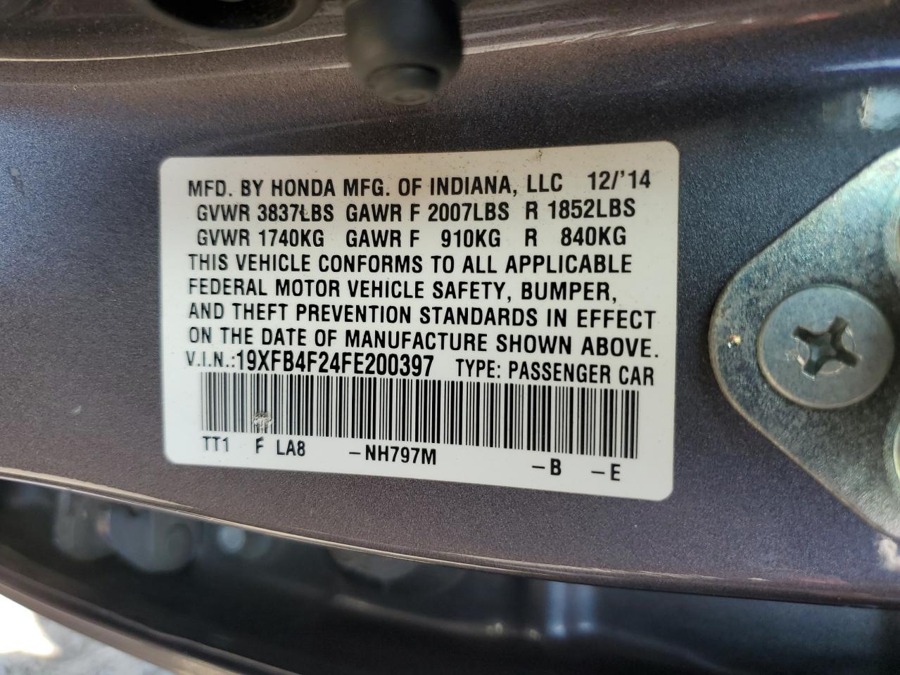 2015 Honda Civic Hybrid VIN: 19XFB4F24FE200397 Lot: 85935665