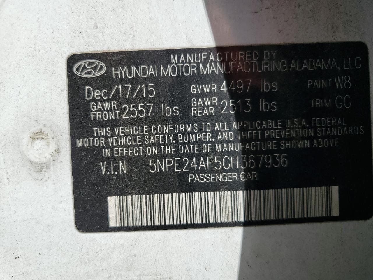 2016 Hyundai Sonata Se VIN: 5NPE24AF5GH367936 Lot: 84966195