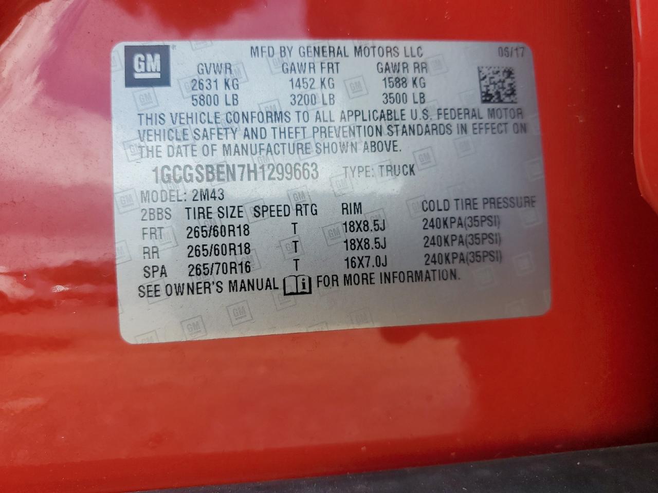 2017 Chevrolet Colorado VIN: 1GCGSBEN7H1299663 Lot: 85508375