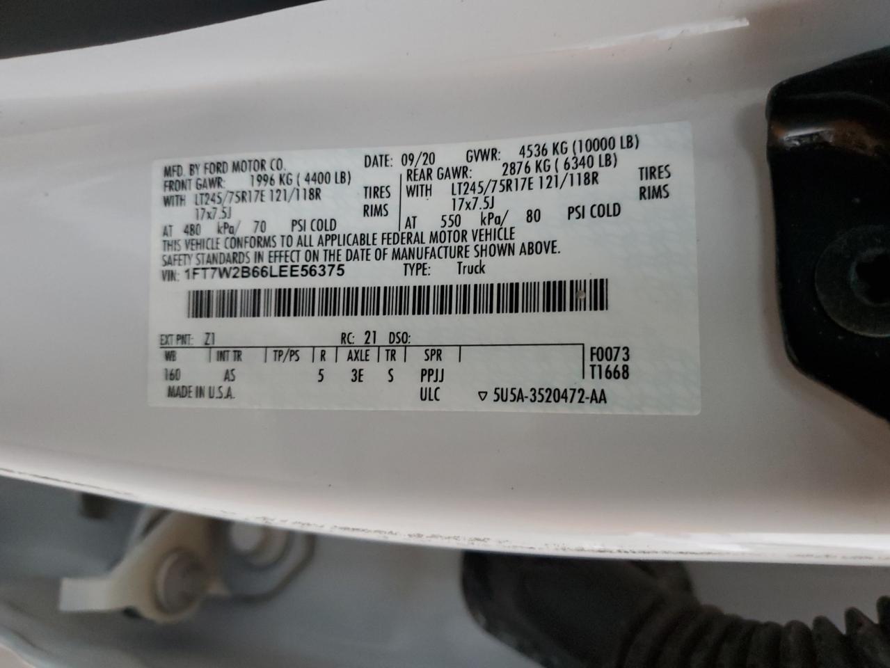 2020 Ford F250 Super Duty VIN: 1FT7W2B66LEE56375 Lot: 91054275