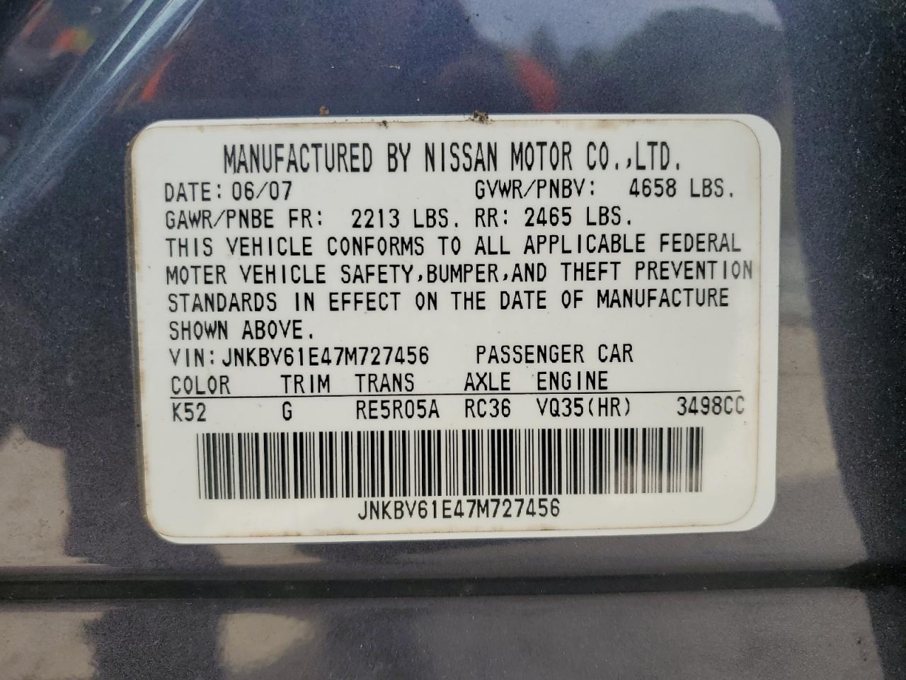 2007 Infiniti G35 VIN: JNKBV61E47M727456 Lot: 84179125