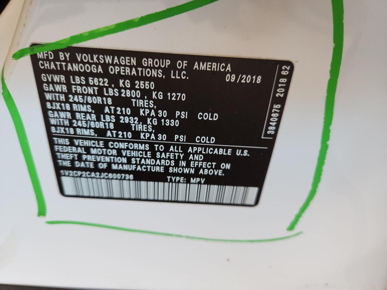 2018 Volkswagen Atlas Se VIN: 1V2CP2CA2JC600736 Lot: 82643355