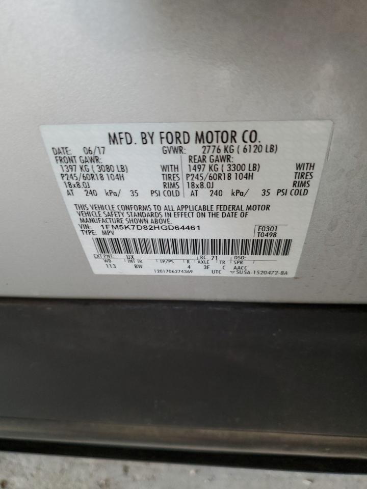 2017 Ford Explorer Xlt VIN: 1FM5K7D82HGD64461 Lot: 85008235