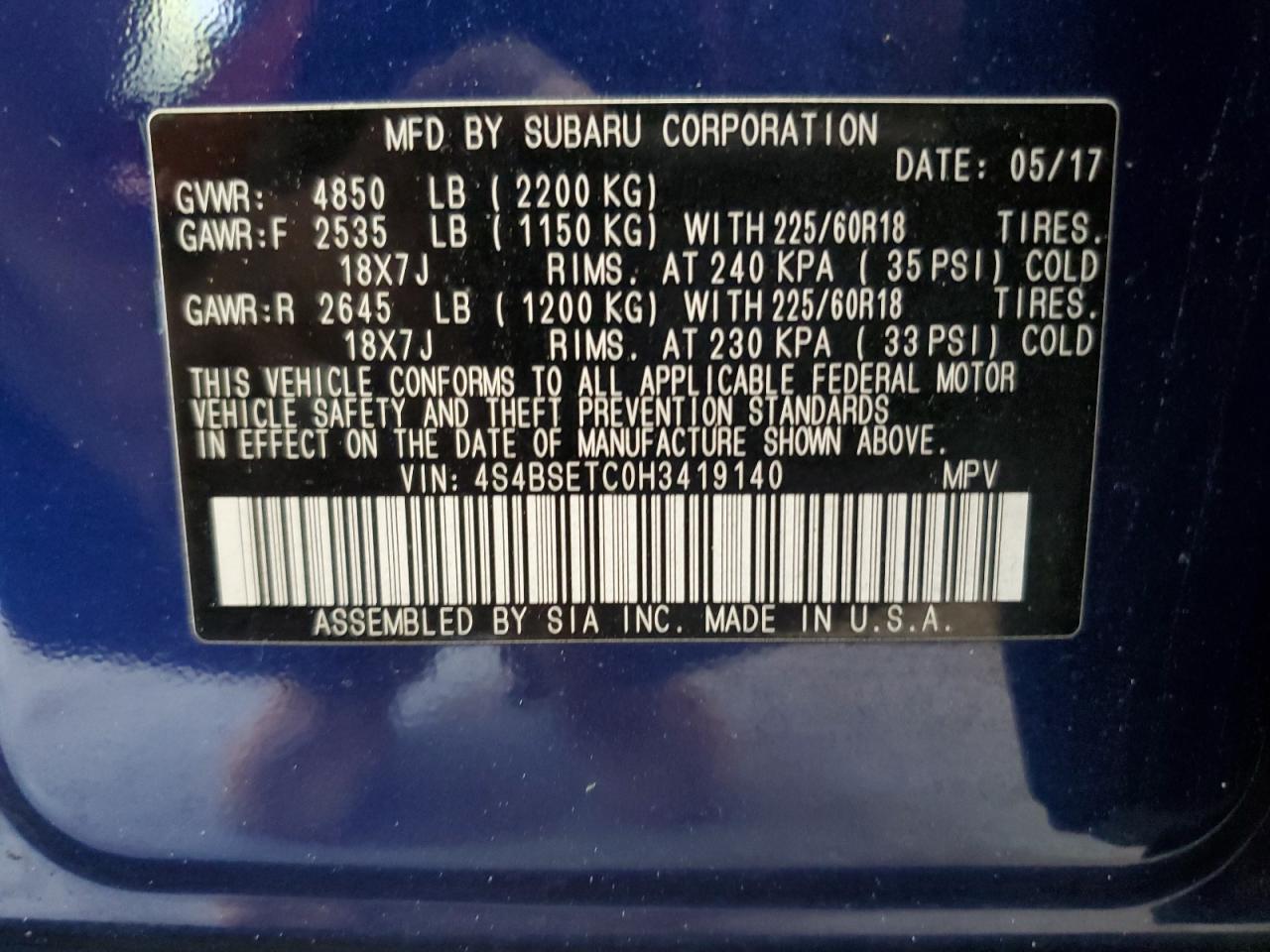 2017 Subaru Outback Touring VIN: 4S4BSETC0H3419140 Lot: 85486775