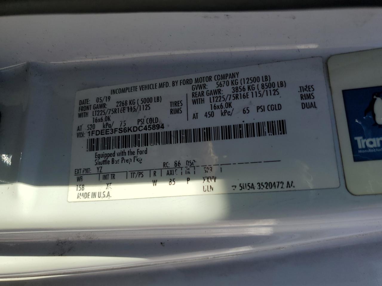 2019 Ford Econoline E350 Super Duty Cutaway Van VIN: 1FDEE3FS6KDC45894 Lot: 86276425