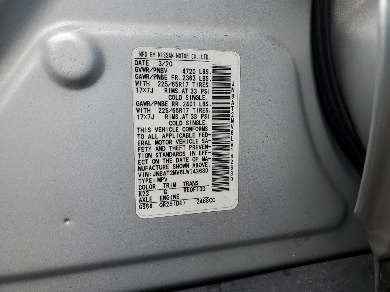 2020 Nissan Rogue S VIN: JN8AT2MV6LW142680 Lot: 86273585