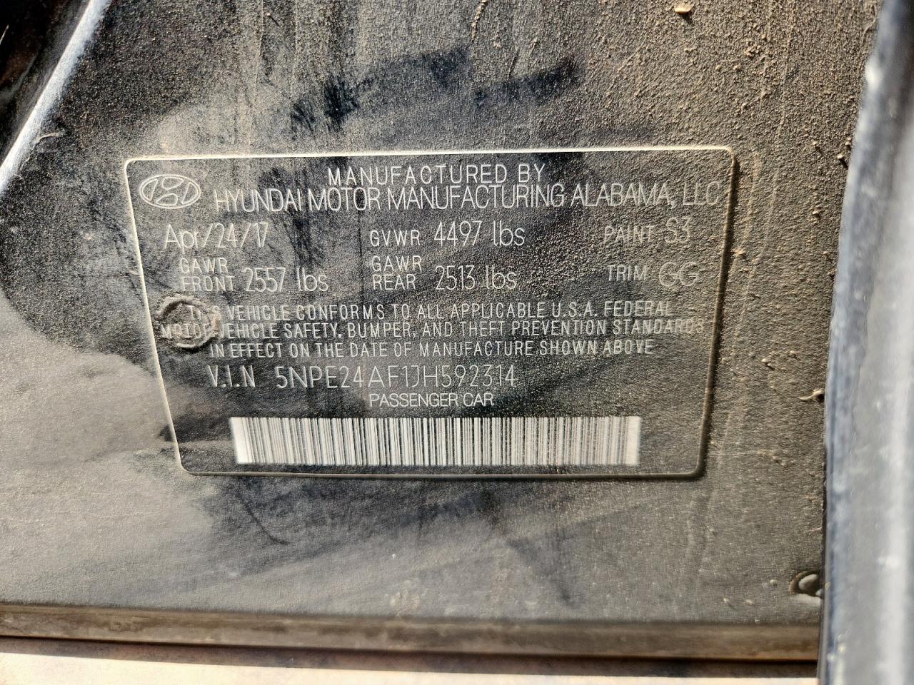 2018 Hyundai Sonata Se VIN: 5NPE24AF1JH592314 Lot: 85386625