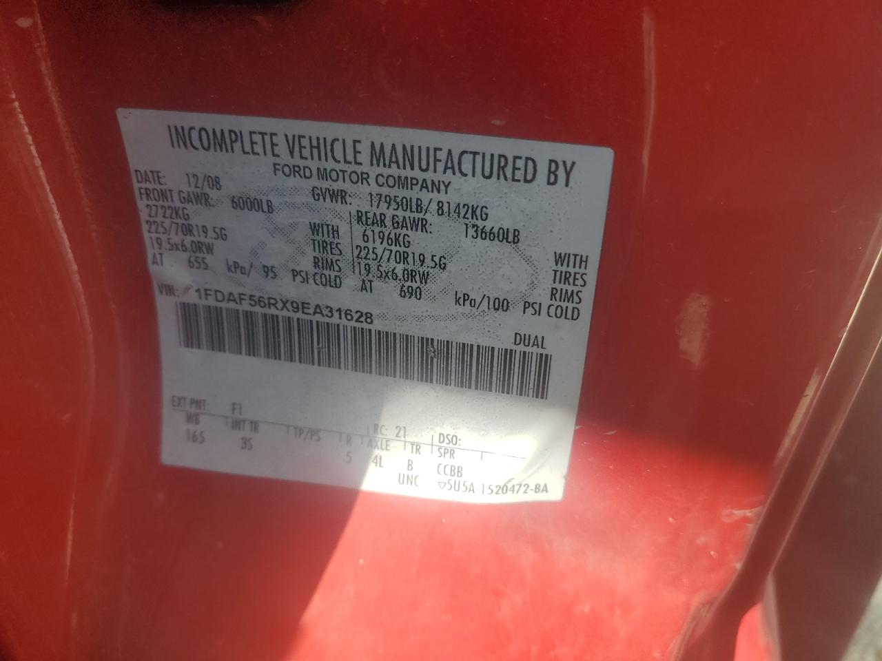 2009 Ford F550 Super Duty VIN: 1FDAF56RX9EA31628 Lot: 81992385